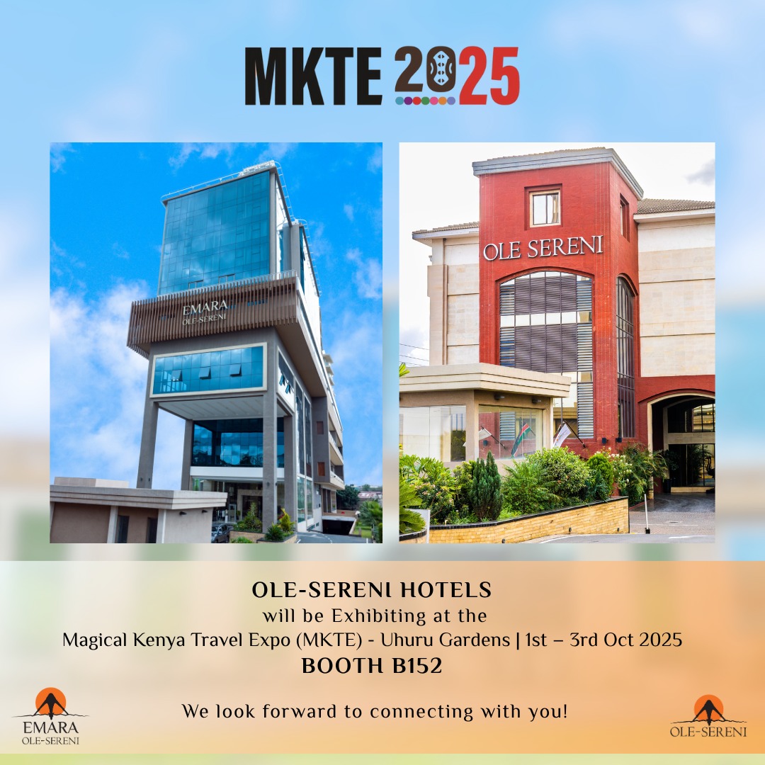 We’re excited to announce that Ole-Sereni Hotels will be exhibiting at the Magical Kenya Travel Expo (MKTE) 2025, taking place at Uhuru Gardens from 1st – 3rd October 2025.
Visit us at Booth B152 to learn more about our unique hospitality experiences, conferencing facilities, and unbeatable views of Nairobi National Park.
And while you’re there — karibu for a cup of coffee and a cookie from us! ☕🍪
We look forward to connecting, networking, and exploring new opportunities together.
#mkte2025 #OleSereniHotels #magicalkenya #expo2025