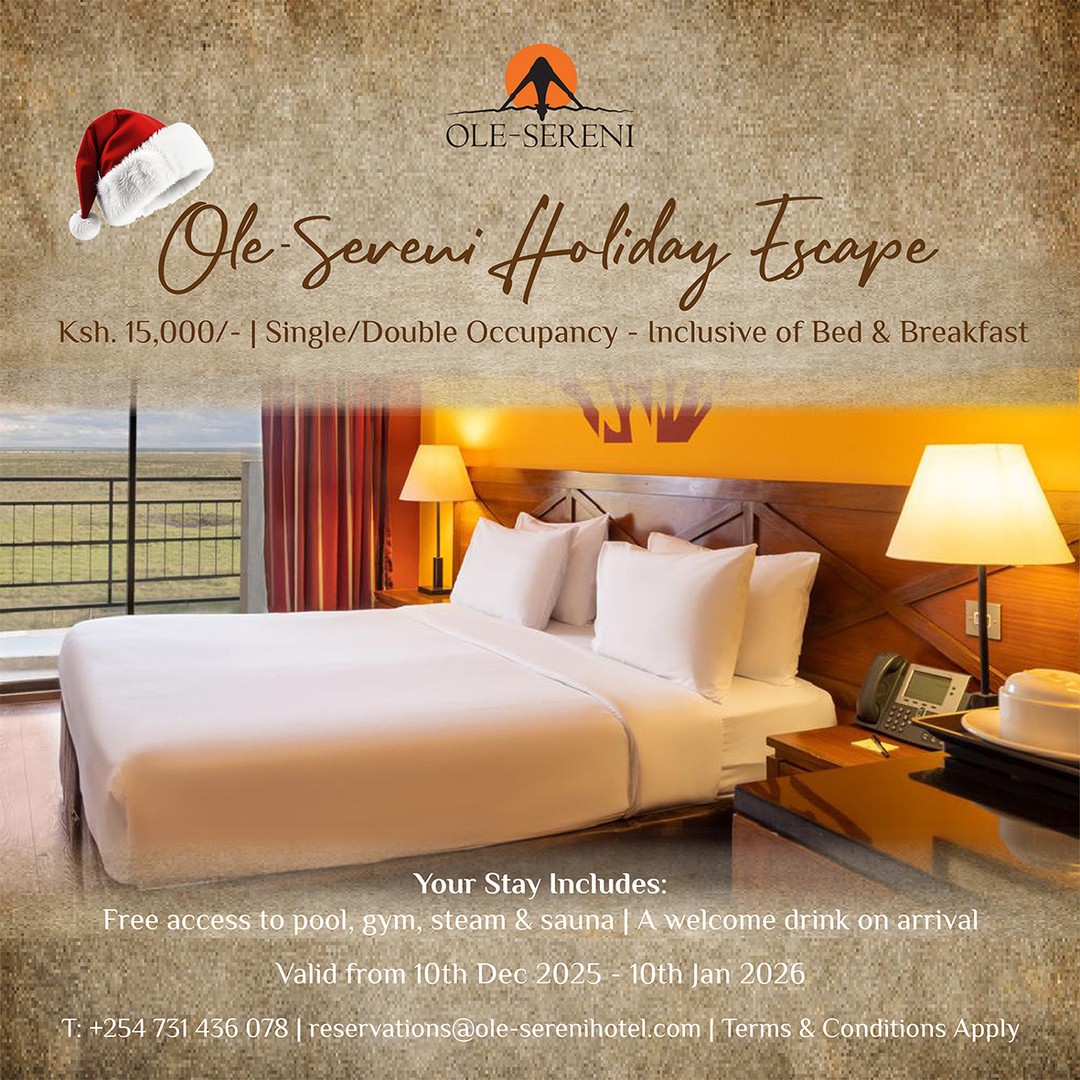 Turn your festive season into a serene getaway with our Ole-Sereni Holiday Escape. Enjoy cozy stays, warm hospitality, and the perfect blend of comfort and breathtaking views.

Ksh. 15,000 | Single/Double Occupancy
Inclusive of Bed & Breakfast
Free access to gym, steam & sauna
Welcome drink on arrival
Valid from 10th December 2025 - 10th January 2026

RSVP: +254 731 436078 | reservations@ole-serenihotel.com

#OleSereni #HolidayEscape #BestHotelInNairobi