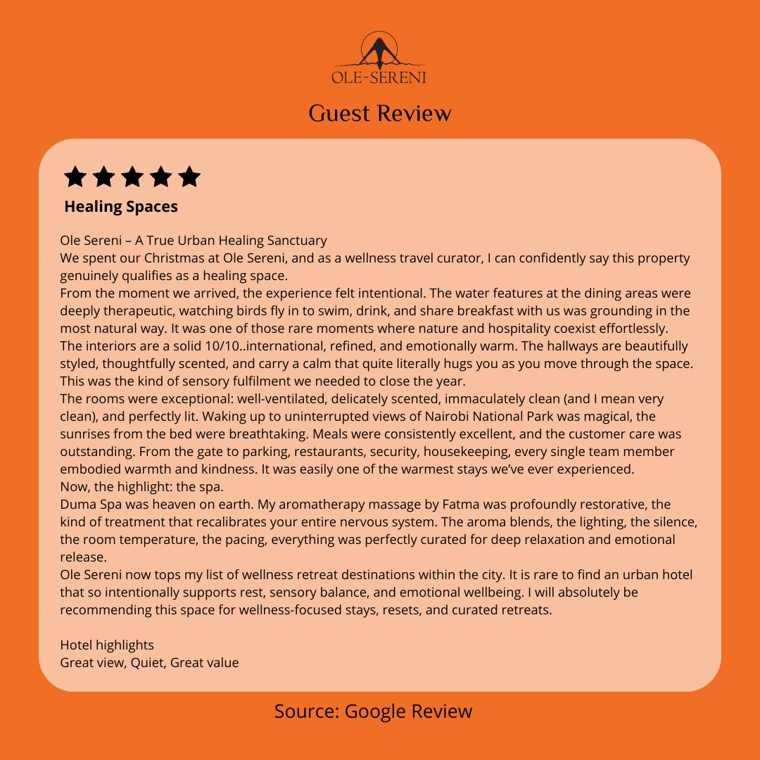 "A true urban healing sanctuary”

From calming interiors and park views to deeply restorative spa experiences, Ole-Sereni is where the city slows down and wellbeing takes centre stage.

Source: Google Review

#OleSereni #GuestReview