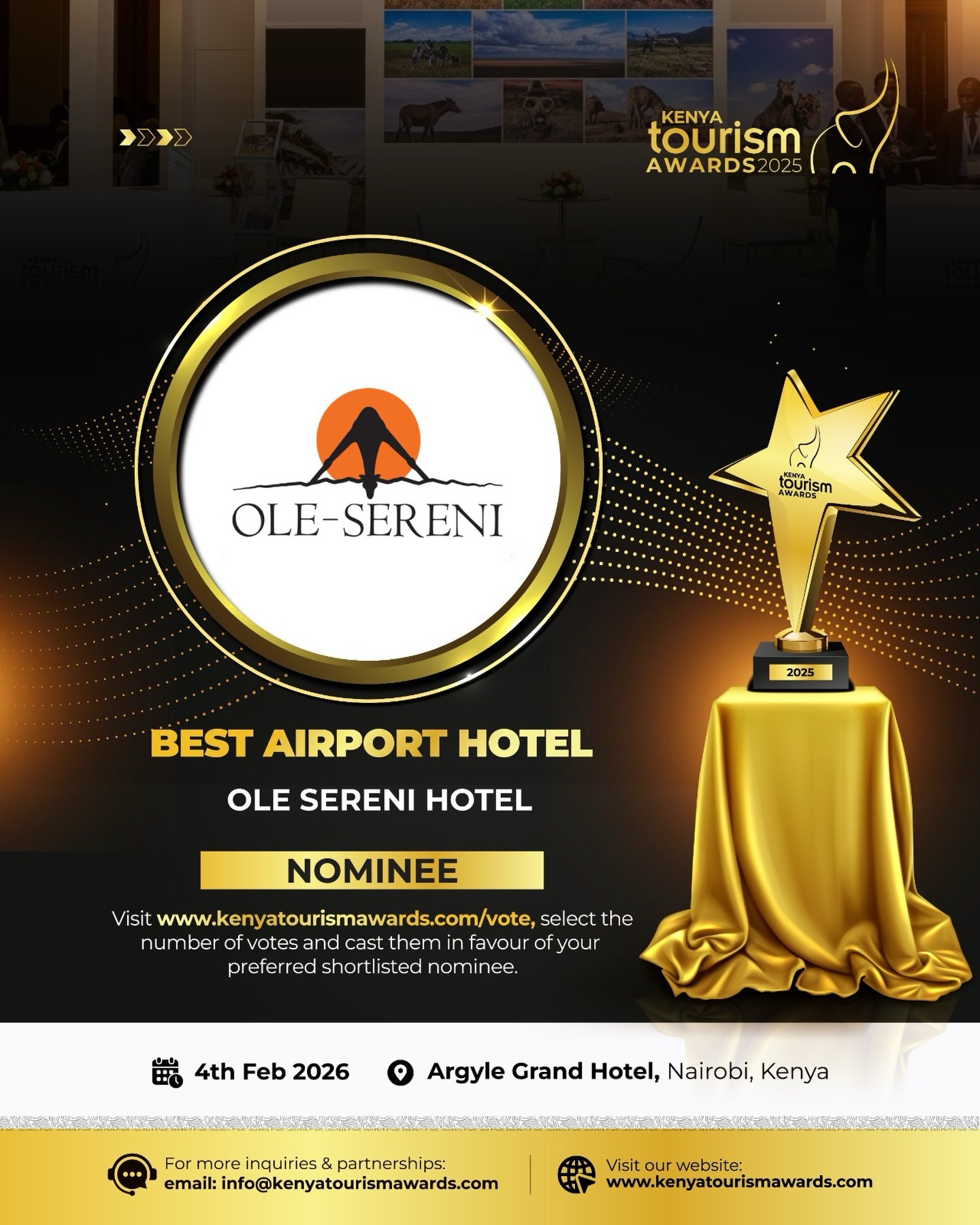 We’re proud to share that Ole-Sereni Hotel has been nominated for Best Airport Hotel at the Kenya Tourism Awards 🇰🇪✨
Located at the heart of Nairobi’s gateway, Ole-Sereni continues to offer world-class hospitality, seamless connectivity, and iconic views of Nairobi National Park.
We invite our community, partners, and guests to support us by voting.
🔗 Vote here:
https://kenyatourismawards.com/vote/best-airport-hotel/
Thank you for being part of our journey.
#OleSereniHotel #KenyaTourismAwards #BestAirportHotel