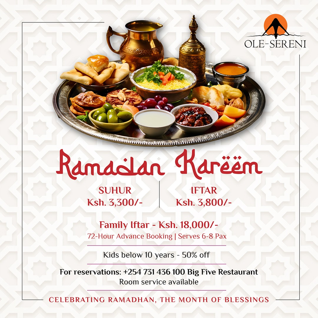 Celebrate the holy month of Ramadan with a delightful Suhur and Iftar at Big Five Restaurant. From flavorful traditional dishes to exquisite desserts, we've prepared a feast to make your mornings and evenings special.
Suhur - Ksh. 3,300 | Iftar - Ksh. 3,800
Kids below 10 years enjoy 50% off
For reservations, call +254 731 436100
#EmaraOleSereni #RamadanKareem #BigFiveRestaurant