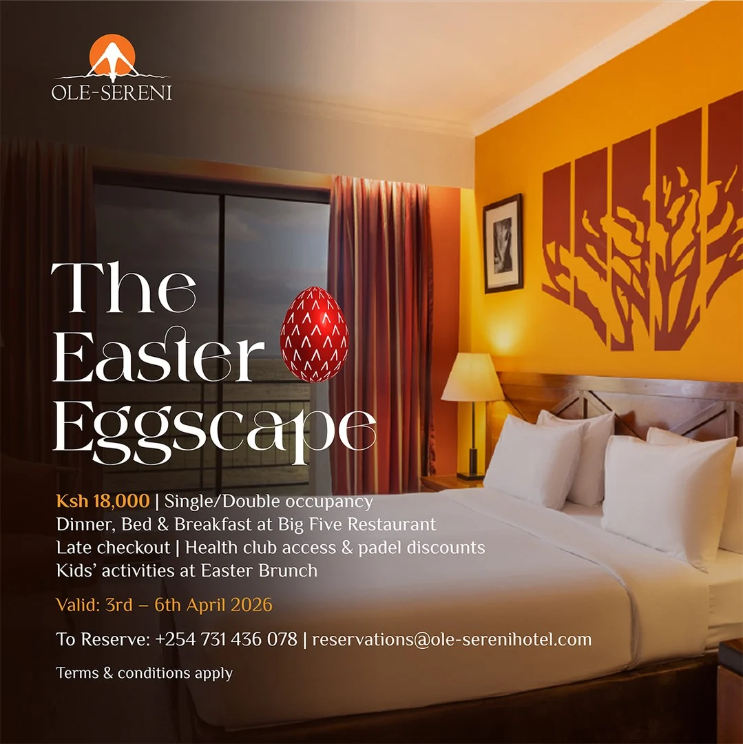 Easter weekend calls for a moment to slow down, settle in, and enjoy the simple luxury of a well-deserved break.
Ksh. 18,000 | Single / Double Occupancy
Dinner, Bed & Breakfast At Big Five Restaurant
Late Check-Out | Health Club Access & Padel Discounts
Kids’ Activities during Easter Sunday Brunch
Valid 3rd - 6th April 2026
To Book; +254 731 436 078 | reservations@ole-serenihotel.com
#OleSereni #EasterEggscape #BestHotelInNairobi