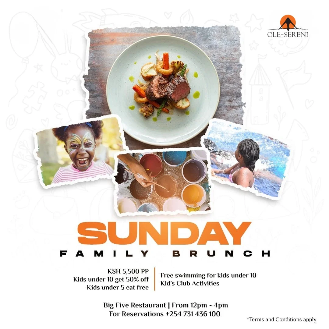 Sundays are for great food and even better company over brunch. Join us every Sunday for our signature Sunday Brunch experience at Big Five Restaurant and explore cuisines from across the world.

From 12:00 pm to 4:00 pm
Every Sunday | Big Five Restaurant
Ksh. 5,500 PP | 50% off for kids under 10 | Free for kids under 5
Free Swimming for kids under 10
Live Music | Kids Activities

To reserve a table, call +254 731 436 100.

#OleSereni #BigFiveRestaurant #SundayBrunch