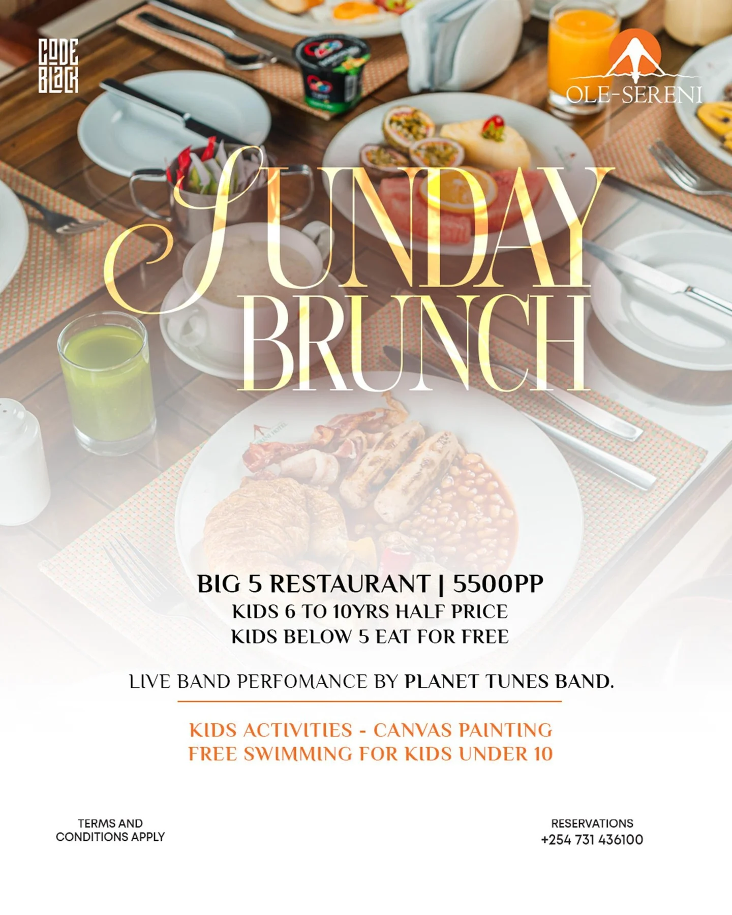 A Sunday well spent starts with brunch! Join us every Sunday for our signature Sunday Brunch experience at Big Five Restaurant and explore cuisines from across the world.

From 12:00 pm to 4:00 pm
Every Sunday | Big Five Restaurant
Ksh. 5,500 PP | 50% off for kids under 10 | Free for kids under 5
Free Swimming for kids under 10
Live Music | Kids Activities

To reserve a table, call +254 731 436 100.

#OleSereni #BigFiveRestaurant #SundayBrunch