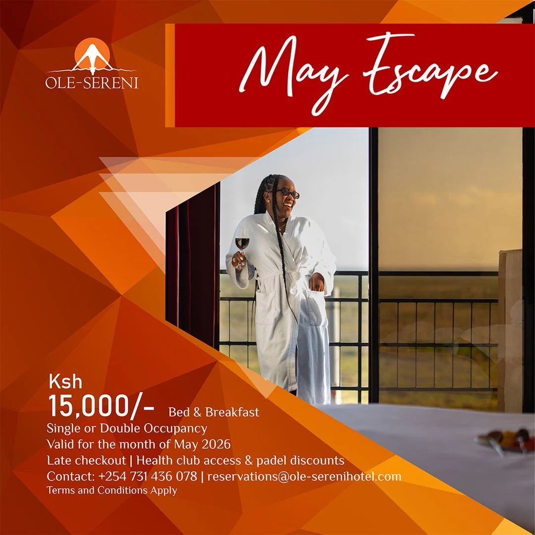 Trade the noise for park views and a well-deserved reset this May.
Enjoy a relaxing getaway at Ole-Sereni Hotel with bed & breakfast, late checkout, health club access and padel discounts, all set right next to Nairobi National Park.
Ksh 15,000/-
Single or Double Occupancy
Valid for the month of May 2026.
Reservations:
+254 731 436 078
reservations@ole-serenihotel.com
#MayEscape #OleSereni #Staycation