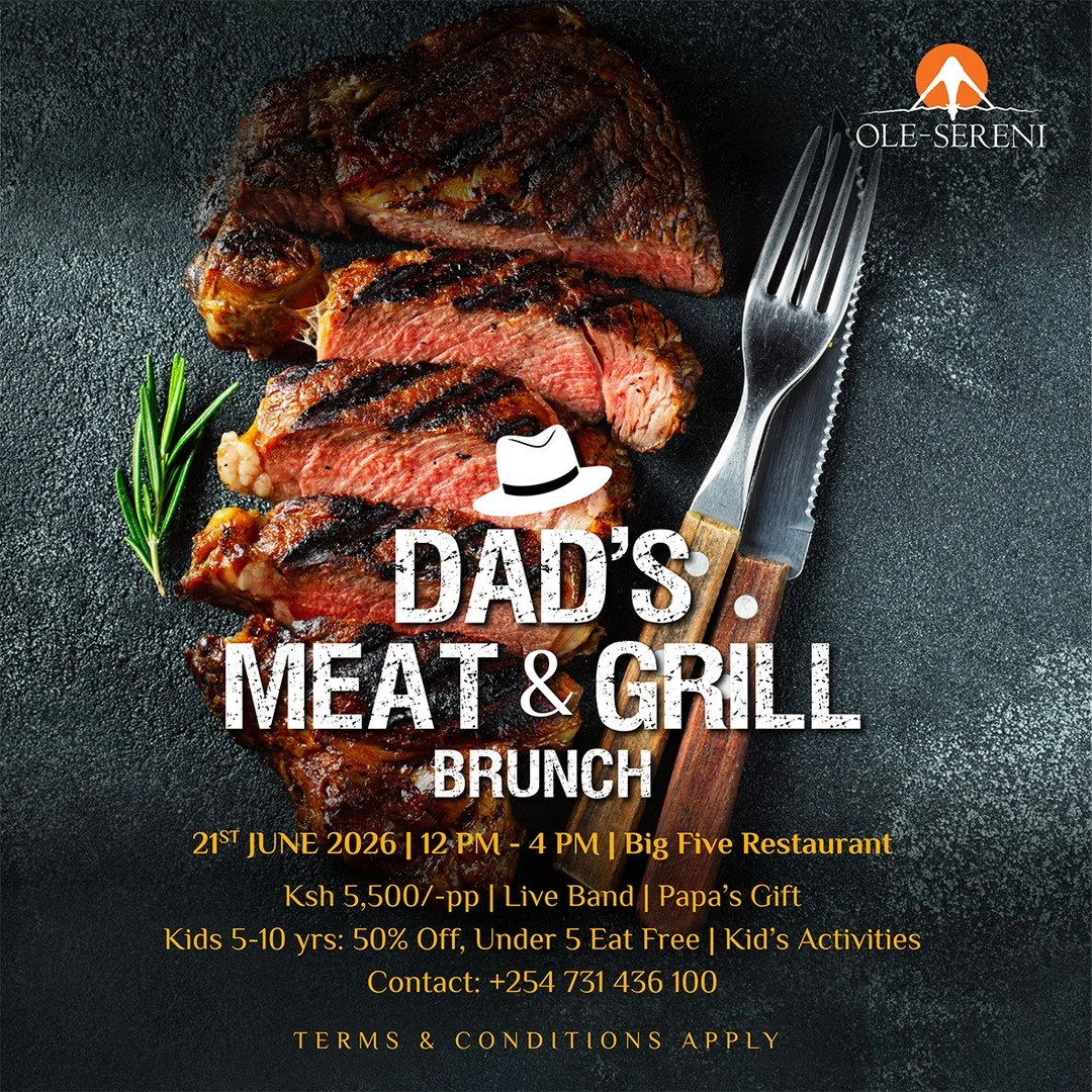 This coming Father's Day, celebrate the man of the hour with a feast fit for a king. Join us at Big Five Restaurant for Dad's Meat & Grill Brunch and enjoy an afternoon of perfectly grilled meats, delicious flavours, and unforgettable family moments.
From 12:00 pm to 4:00 pm
Sunday, 21st June | Big Five Restaurant
Ksh. 5,500 PP | 50% off for kids under 10 | Free for kids under 5
Free Swimming for kids under 10
Live Music | Kids Activities | Papa's Gift
To reserve a table, call +254 731 436 100.
#OleSereni #BigFiveRestaurant #DadsMeetAndGrill