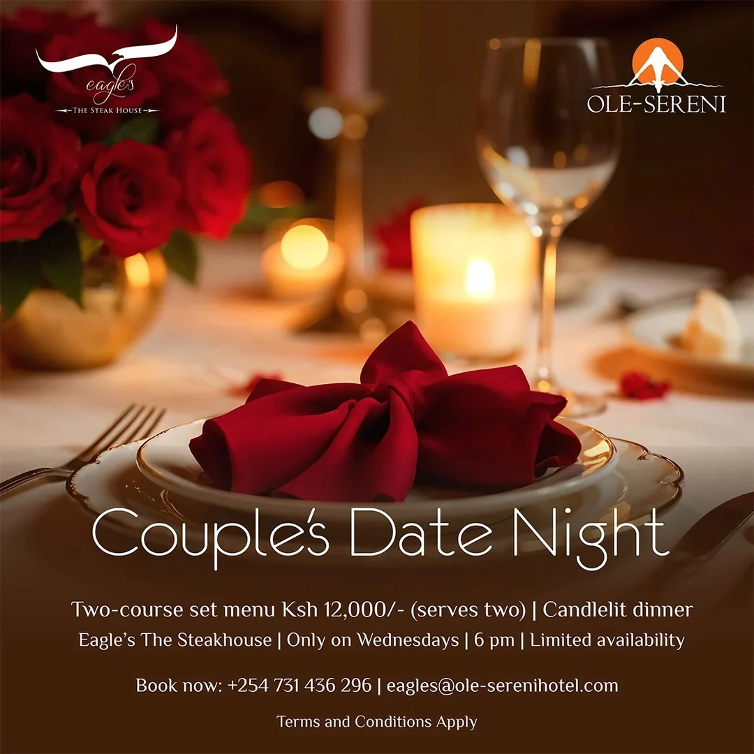 Make every Wednesday memorable with our Couple's Date Night at Eagle's The Steakhouse. Experience a thoughtfully curated two-course dining experience, perfectly paired with wine, in an intimate setting designed for unforgettable conversations. Because the best dates are shared over exceptional food and fine wine.
To reserve a table, call +254 731 436296.
#OleSereni #EaglesTheSteakhouse #CoupleDateNight