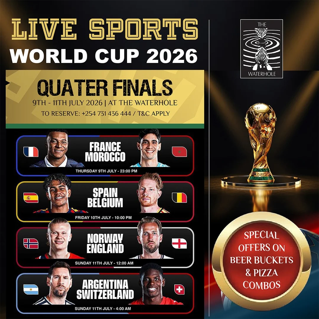 The road to glory gets even tougher. The FIFA World Cup Quarter Finals are here, and every match is a must-watch. Catch all the live action on the big screen at Waterhole and enjoy an electric atmosphere and special offers on beer buckets and pizza. 

To reserve a table, call +254 731 436444.

#OleSereni #Waterhole #WorldCup2026