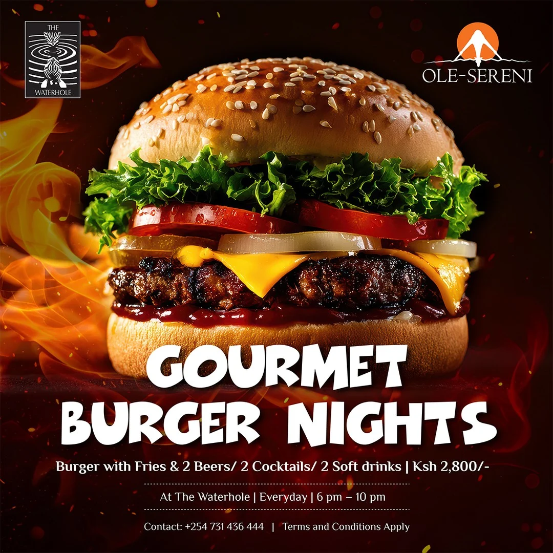 Evenings at the Waterhole just got a whole lot tastier. Enjoy a gourmet burger served with herb salt fries, complimented by drinks of your choice, whether you prefer refreshing beers, signature cocktails, or soft drinks. Because the best nights begin with exceptional food and great company.
To reserve a table, call +254 731 436444.
#OleSereni #TheWaterhole #BestHotelInNairobi