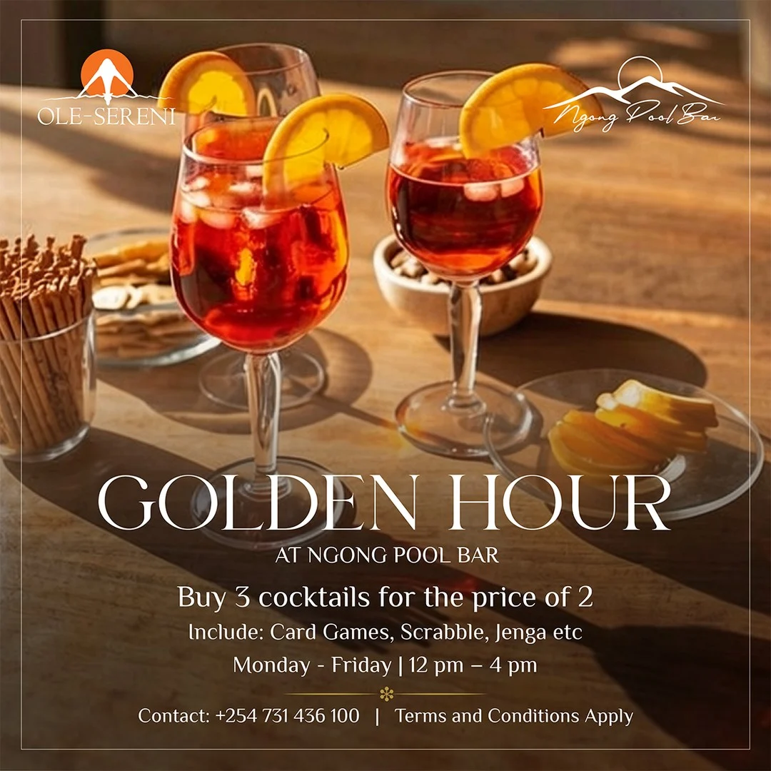 The Golden Hour at Ngong Pool Bar is an unmatched experience and we're adding a generous twist to it. Explore our signature cocktails and get three cocktails for the price of two from midday to 4pm.
To reserve a table, call +254 731 436100.
#OleSereni #NgongPoolBar #BestHotelInNairobi