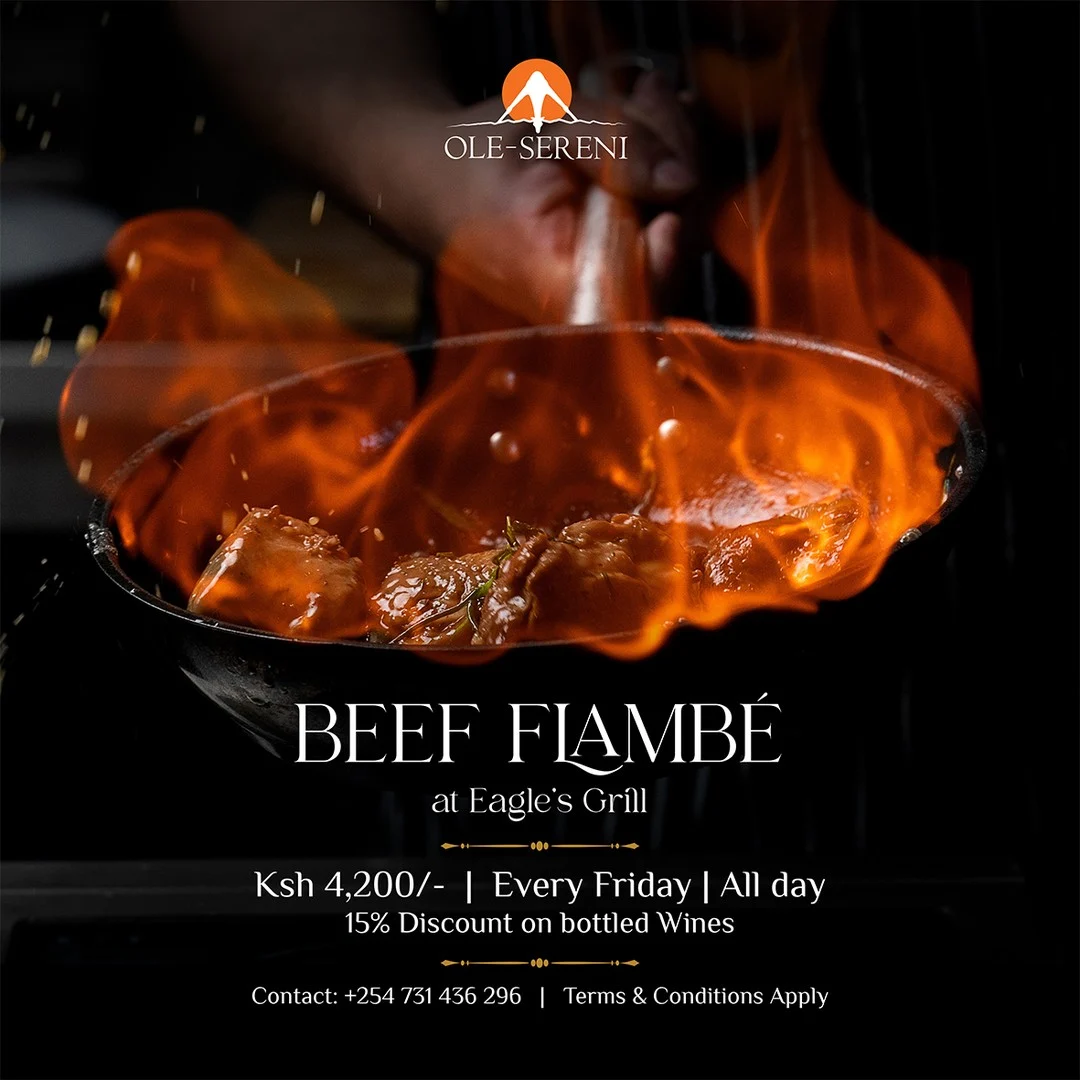 Fridays are for signature dining experiences at Eagle's with great company. Experience our signature Beef Flambe served exclusively on Fridays and enjoy discounts on bottled wines. 

To reserve a table, call +254 731 436296.

#OleSereni #EaglesTheSteakhouse #BestHotelInNairobi