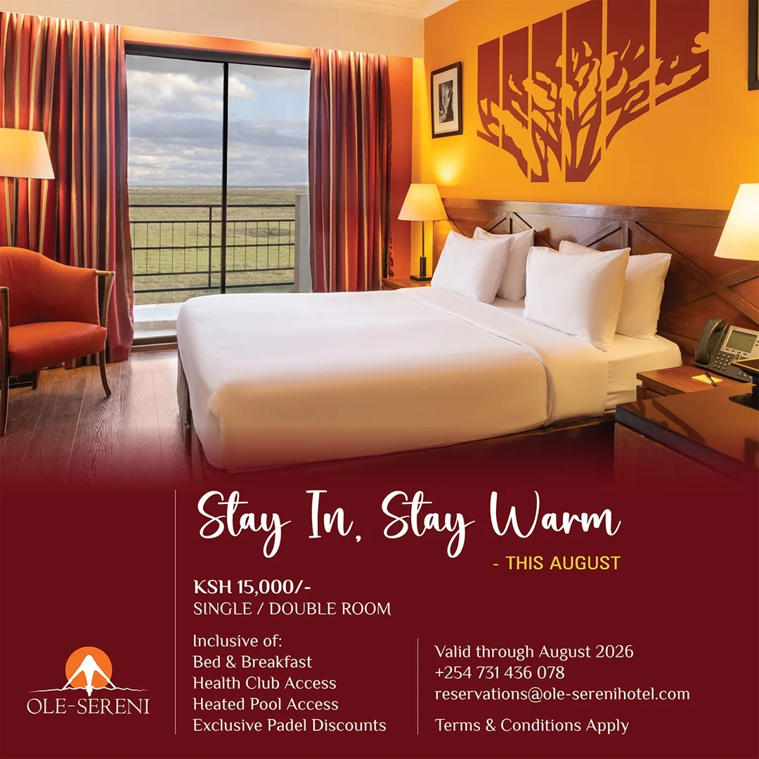 Stay In, Stay Warm! This August, experience a cozy getaway and enjoy a memorable stay experience with signature experiences, breathtaking views and world class hospitality. 

Ksh. 15,000 | Single/Double Occupancy | Bed & Breakfast
Health Club Access | Heated Pool Access | Exclusive Padel Discounts
To book a stay, call +254 731 436078 | Email: reservations@ole-serenihotel.com 

#OleSereni #StayInStayWarm #BestHotelInNairobi