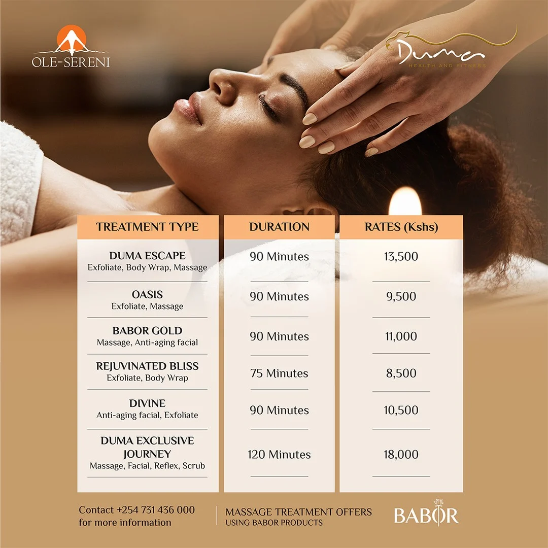 A moment to pause, unwind, and reset. From deep tissue therapies to soothing relaxation rituals at Duma Spa, discover massage experiences designed to restore both body and mind.

To book a session, call +254 731 436 000.

#EmaraOleSereni #OleSereni #DumaSpa