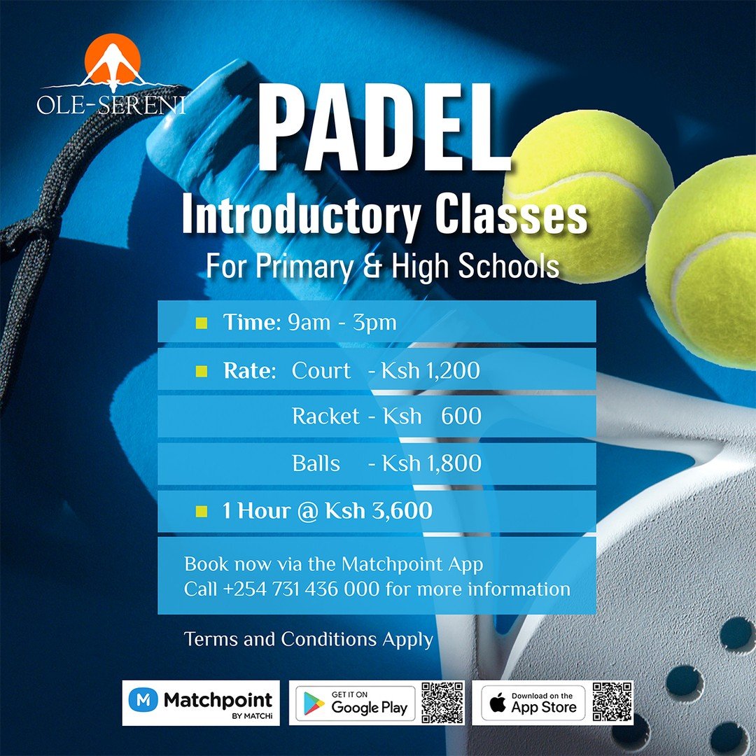 Discover the thrill of padel at Ole-Sereni with our Introductory Classes designed for primary & high school students. Whether you're trying it for fun or looking to learn a new sport, we've got you all you need!
Book via the Matchpoint App or call +254 731 436 000.
#OleSereni #PadelCourt #BestHotelInNairobi